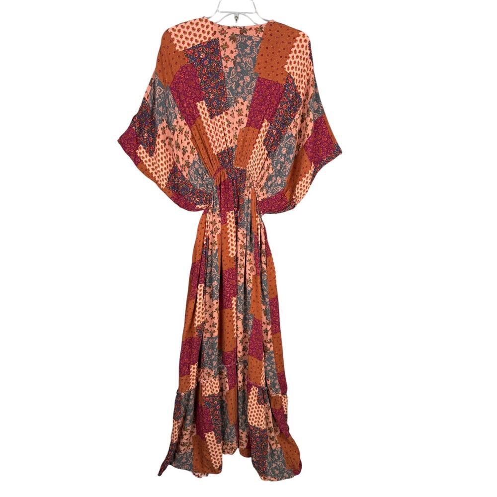 Easel Patchwork Print V-Neck Maxi Dress Ruffle Hem Kimono Sleeve Boho Flowy - Picture 4 of 12